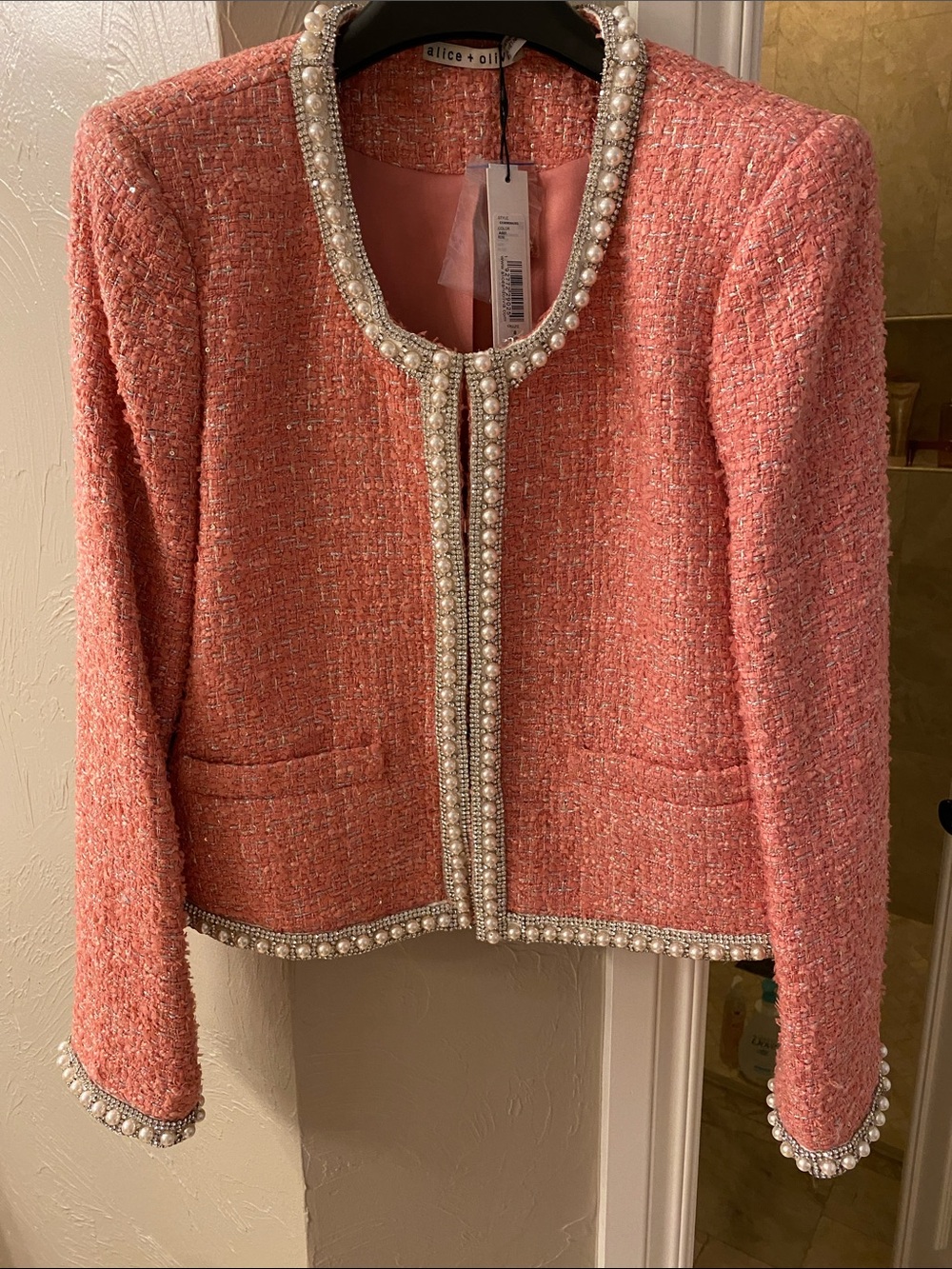 Alice + Olivia Coral Tweed Pearl-Trim Cropped Blazer.   Brand new Never worn